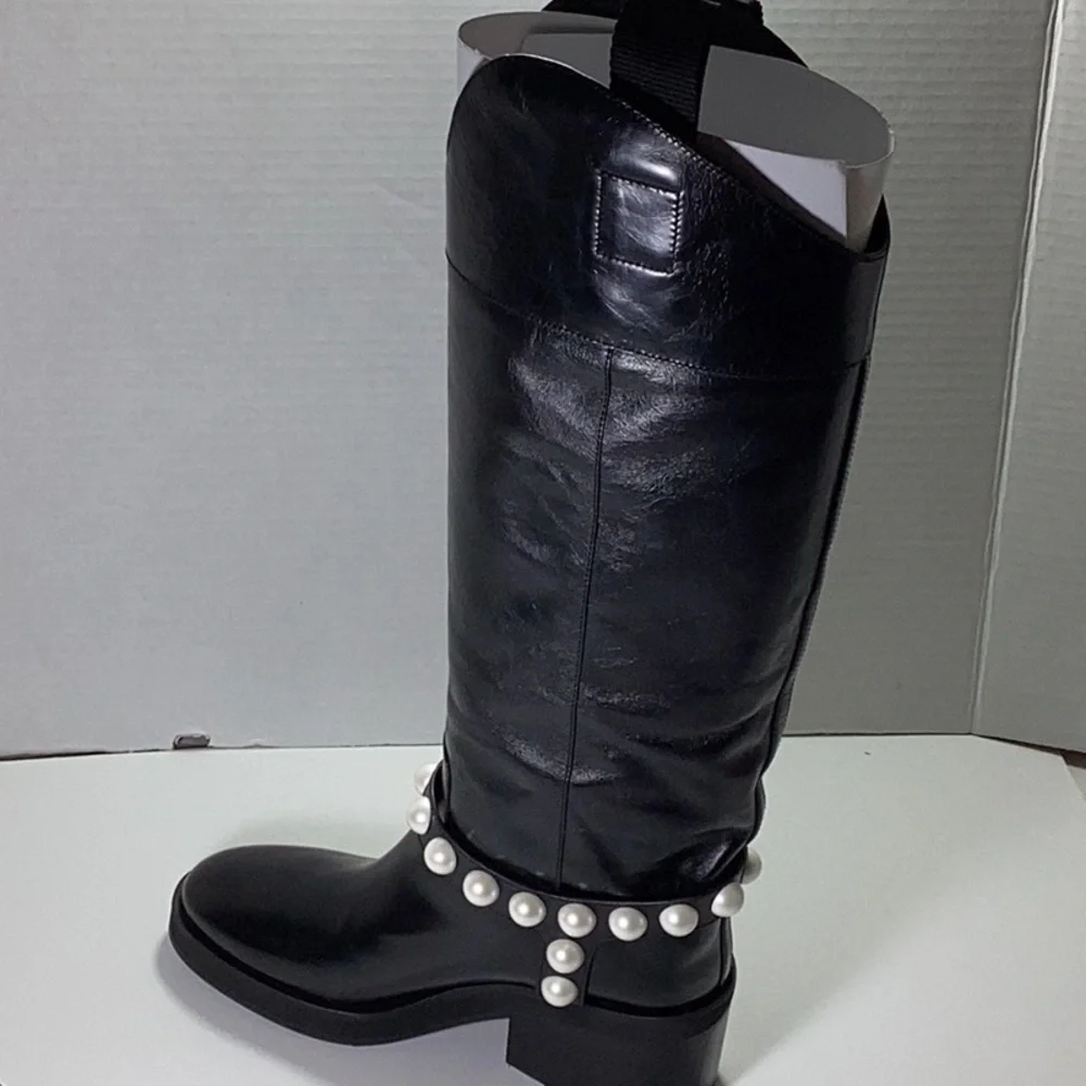 Jimmy Choo Tonya 70 leather boots. Note one pearl is off(refer to the picture)